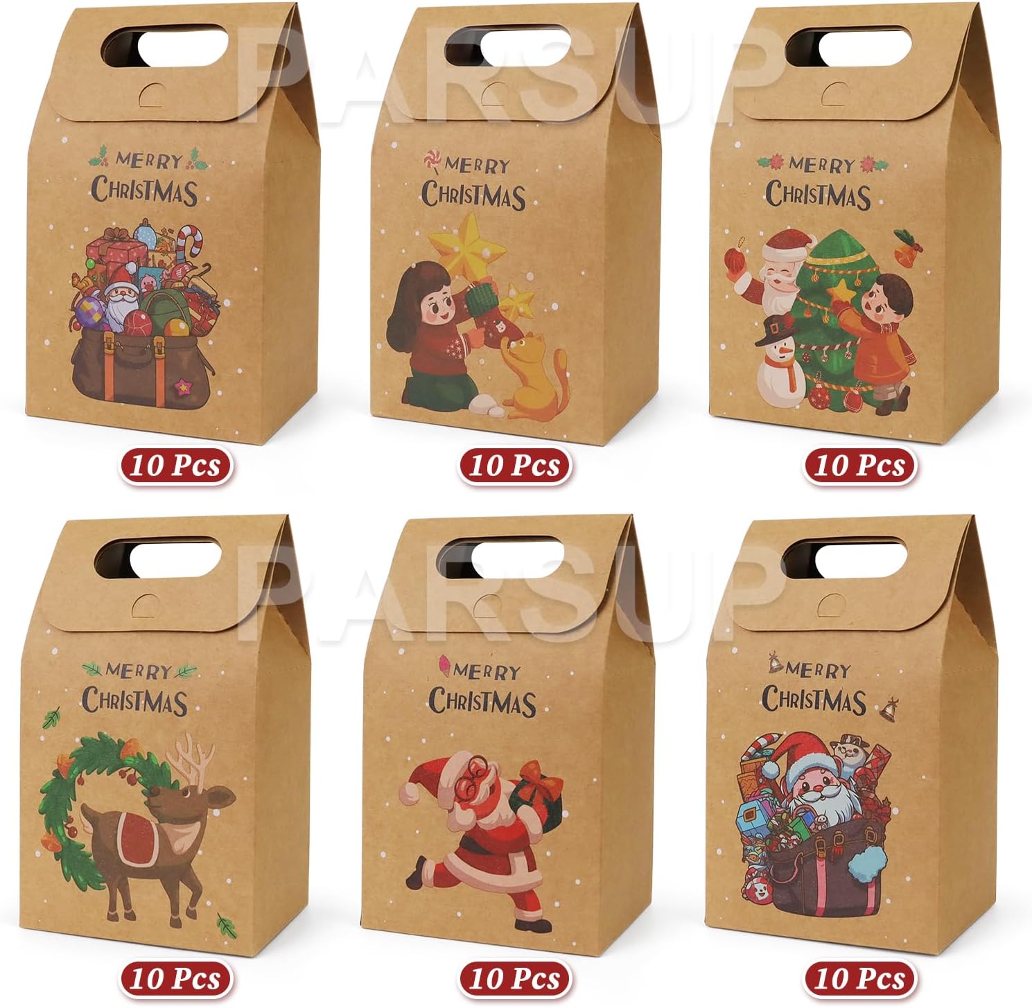 PARSUP 60pcs Christmas Gift Bags, Candy Cookie Kraft Treats Party Paper Boxes Bags Assorted Styles Xmas New Year Holiday Party Treat Candy Supplies Presents