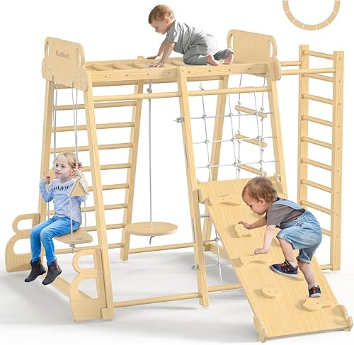 Miniatura 9 de Zona de juegos interior mejorada 9 en 1, gimnasio de la selva, juguetes de escalada para niños, filosofía Montessori estilo Waldorf, conjunto de