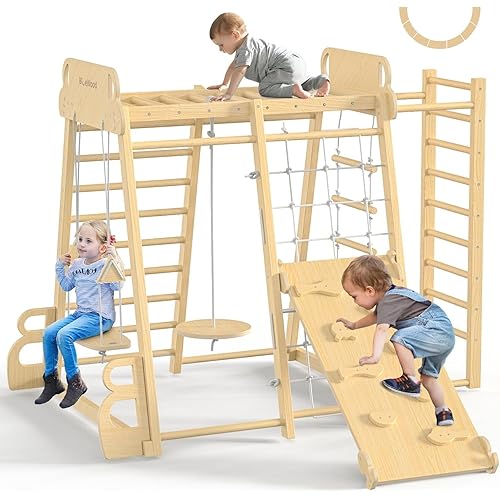 BlueWood Upgraded Indoor Jungle Gym 9-in-1 Playground Kids Climbing Toys, Waldorf Style Wooden Climber Playset with Slide, Swing, Monkey Bars, Upright/Rope Ladder, Climb Net, Natural Wood Color