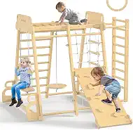 BlueWood Upgraded Indoor Jungle Gym 9-in-1 Playground Kids Climbing Toys | Waldorf Style Wooden Climber Playset with Slide, Swing, Monkey Bars, Upright/Rope Ladder, Climb Net, Natural Wood Color