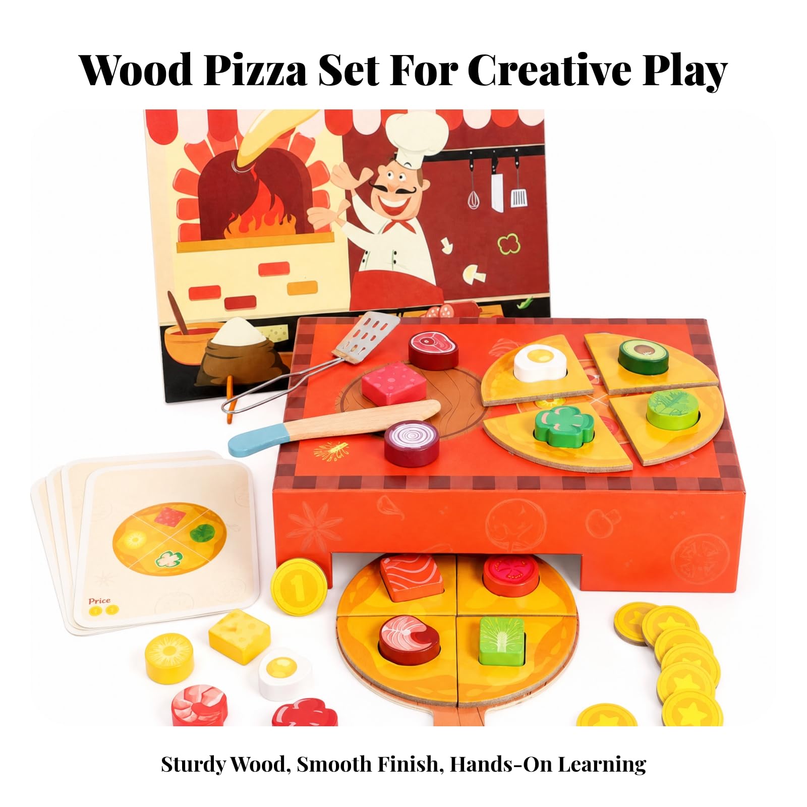 Set Pizza Giocattolo in Legno Educativo Gioco di Simulazione Pizzeria in Legno Sviluppa Motricità Fine Set Pizzeria Giocattolo con Accessori per Casa