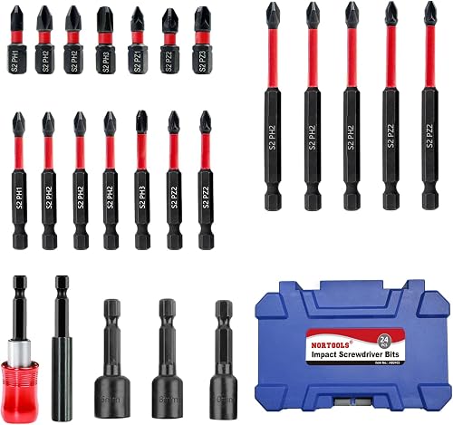 24PCS Impact Screwdriver bit Set Phillips, Pozi,Hex Shank S2 Steel,Magenetic Nut Driver Set for Impact Drills and Power Screwdrivers,Retractable Bit Holder and Extendable bit Holder
