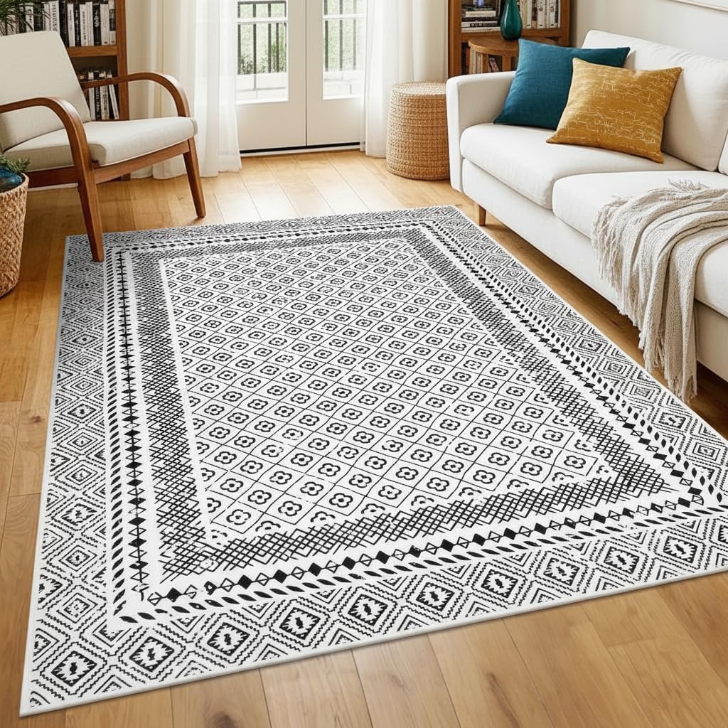 SHACOS 6x9 ft Living Room Rugs Soft Low Pile Non Slip Washable Area Rug Floor Mat Moroccan Geometric Bordered Rug for Bedroom Dining Room, Black White