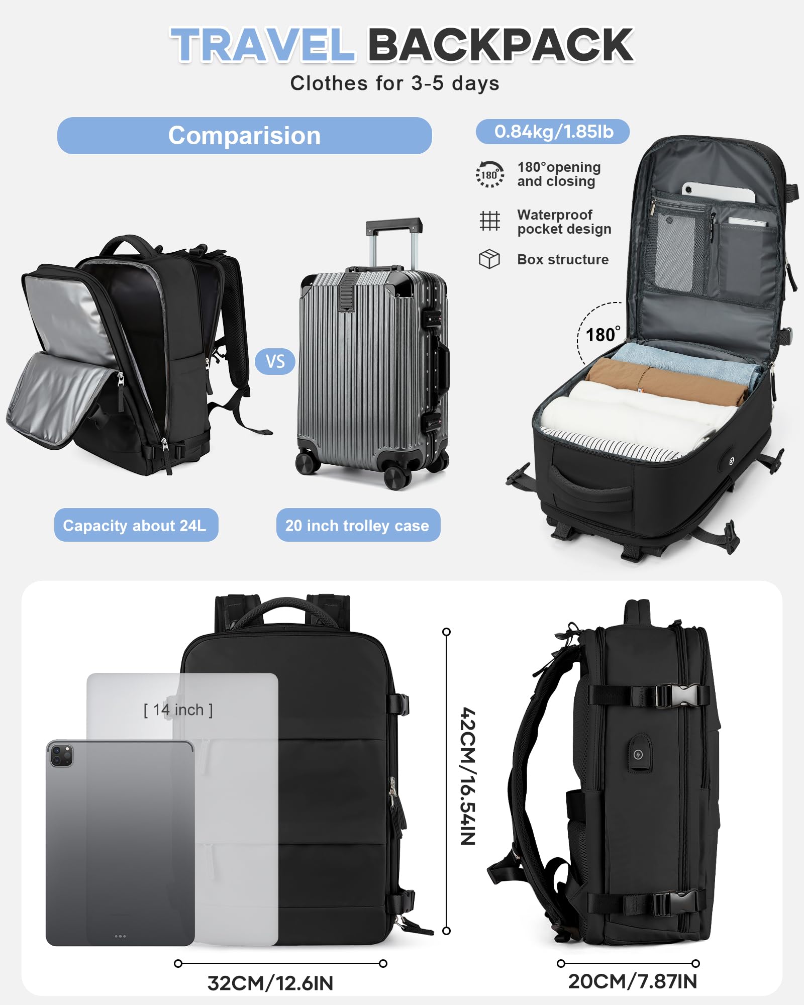 BJLFS Borse da Cabina per Ryanair 40x20x25 Zaino sottovuoto da viaggio Bagaglio a Mano con compressione sottovuoto,Zaino Easyjet 45x36x20,Zaini Casual per laptop da 14 pollici per scuola