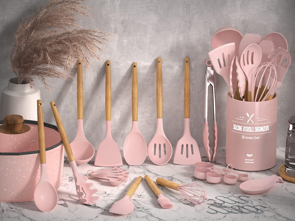 Kitchen Cooking Utensils Set, Umite Chef 33 pcs Non-stick Silicone Cooking Kitchen Utensils Spatula Set with Holder, Wooden Handle Silicone Kitchen Gadgets Utensil Set (Pink)