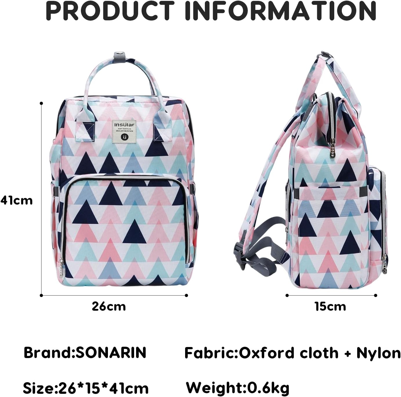 Stylish Multifunctional Diaper Bag Backpack,Travel Nappy Changing Bag Mommy Bag with Changing Mat & Stroller Straps(Triangle)