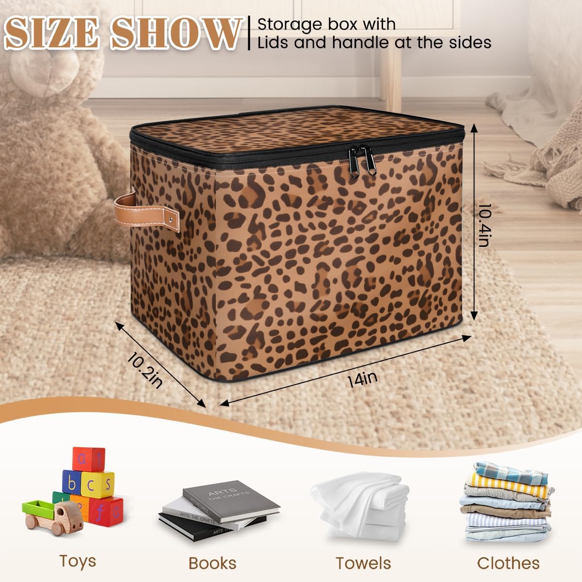 Storage Bin Set of 2 Animal Print Storage Basket with Zipper Lid & Handle Foldable Closet Shelf 2 Pack Cloth Organizer Basket Cube Bins Clothes Organizer for Bedroom, Nursery