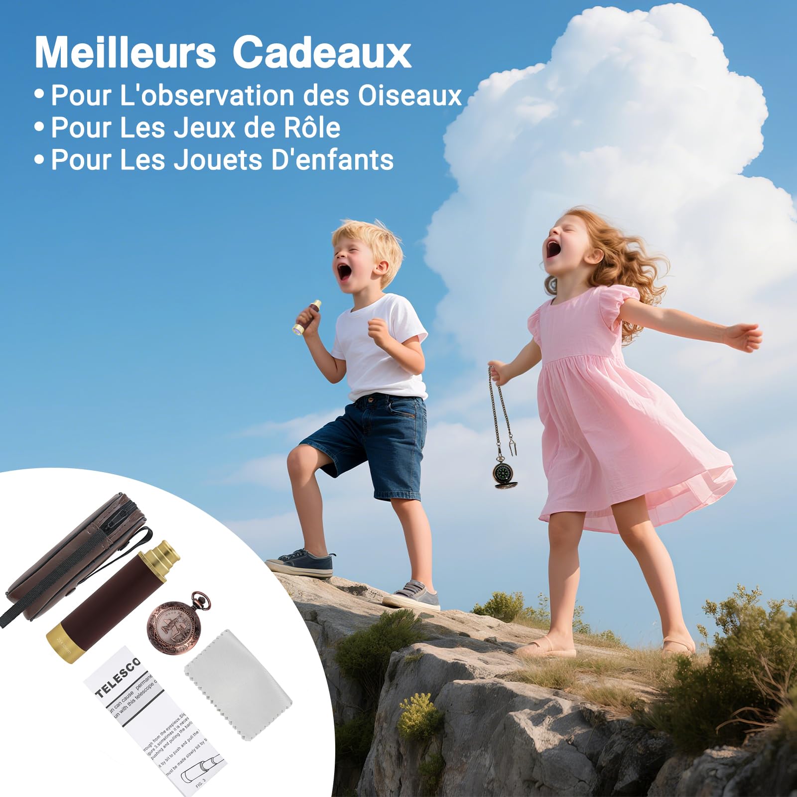 25x30 Télescope Pirate Vintage Monoculaire Zoomable Longue Vue Enfant avec Boussole Lentille BAK-4 Imperméable Mini Télescope avec Boussole pour Voyage Navigation Voile