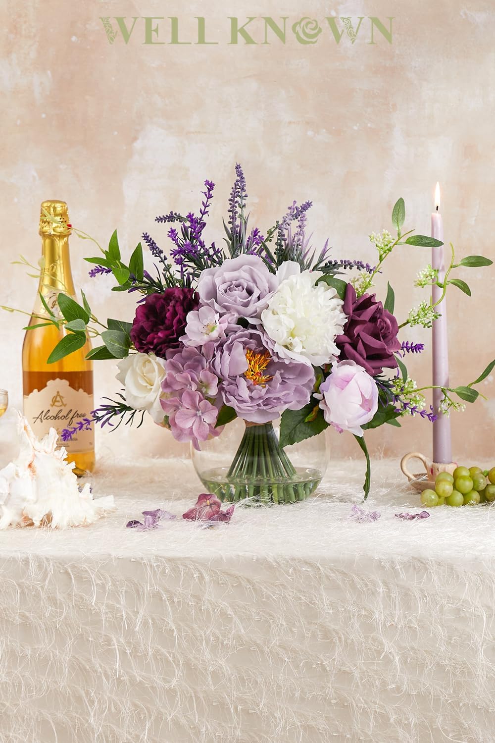 Artificial Flowers in Vase for Home Decor, Fake Lavender & Silk Peony Flower Bouquet Centerpieces in Glass Vase with Fake Water for Party Wedding Dinning Table Office Hotel Decor (Lavender Mixed Plus) - Image 2