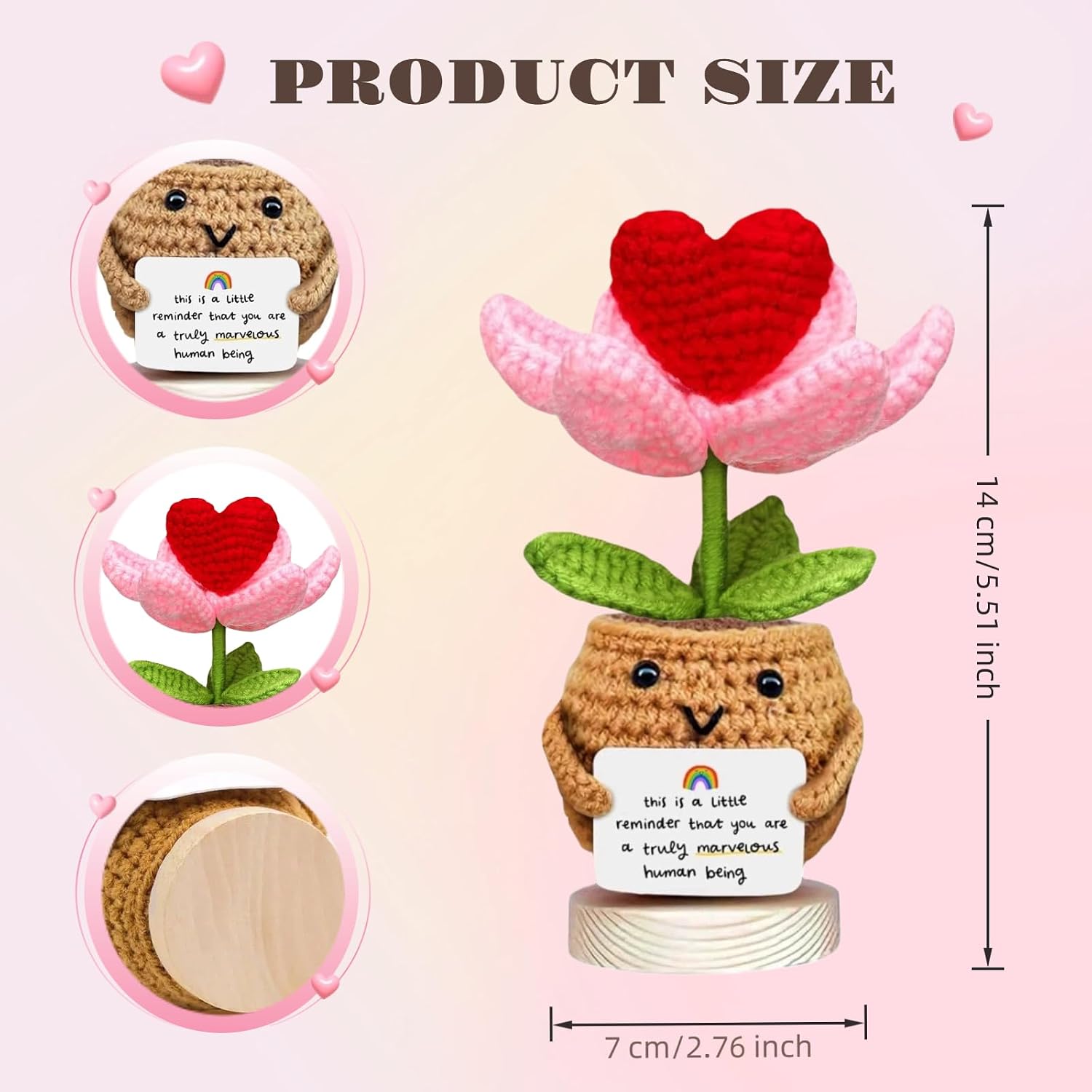 Handmade Crochet Heart Flower with Inspirational Card- "You are Marvelous" Positive Gift for Coworkers,Teacher Appreciation,Mom,Best Friend,Sister,Home Office Desk Decor