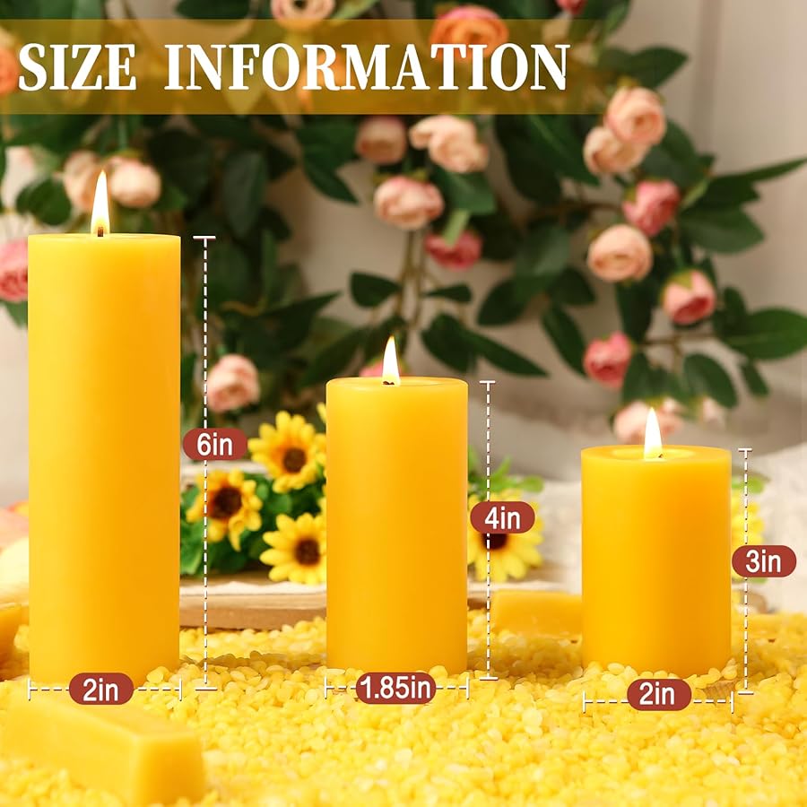 Natural Beeswax Pillar Candles, 127 Hours Long Burning Time Beeswax Candles Unscented Bees Wax Candles Smokeless Dripless Bees Wax Candle for Home Paryer Relax, 2x3in,1.89x4in,2x6in - image 2