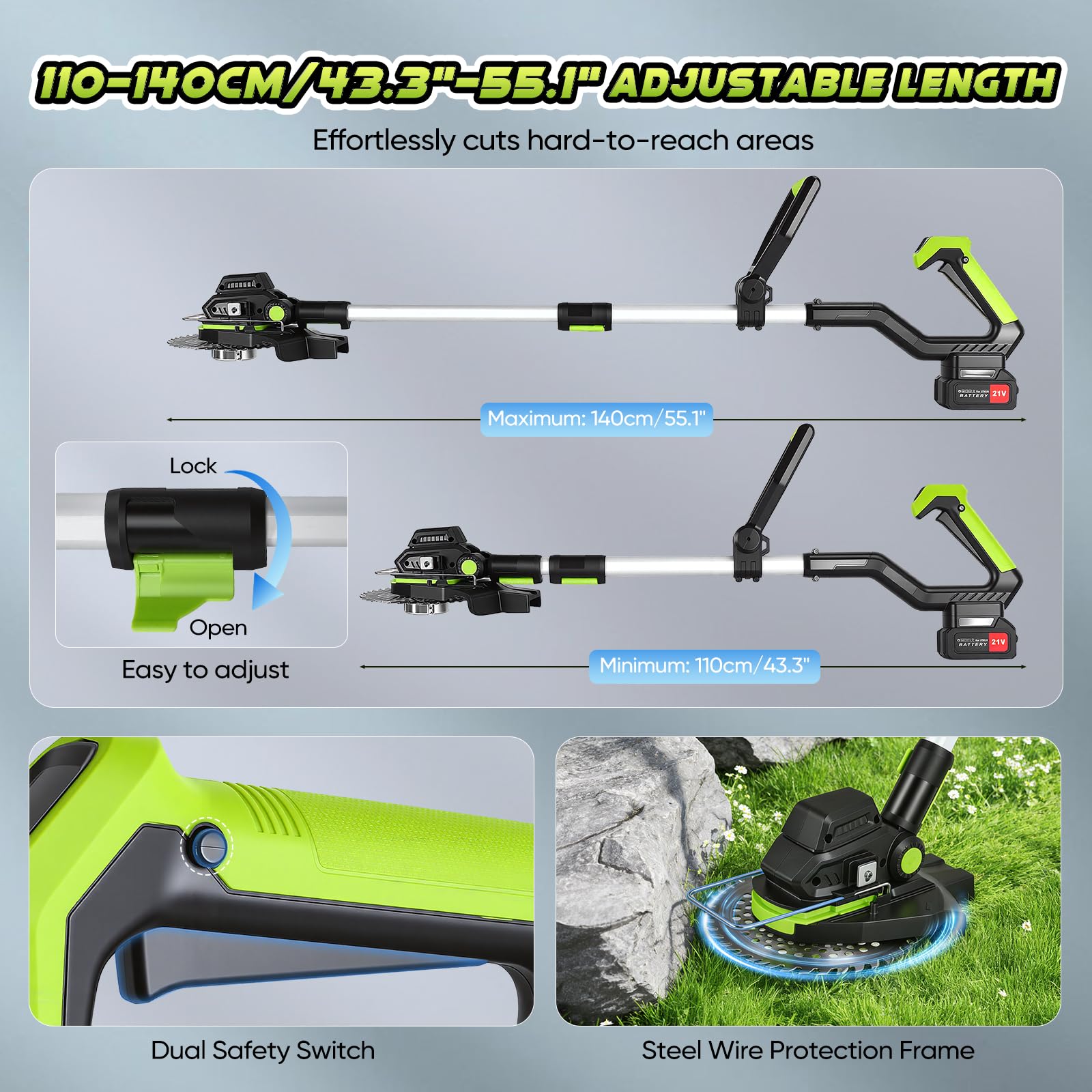 Débroussailleuse sans fil 850 W 5 en 1 avec écran LCD et roues, kit de coupe-bordures télescopique avec 2 batteries de 4,0 Ah et 5 lames pour pelouse, mauvaises herbes, arêtes et bords