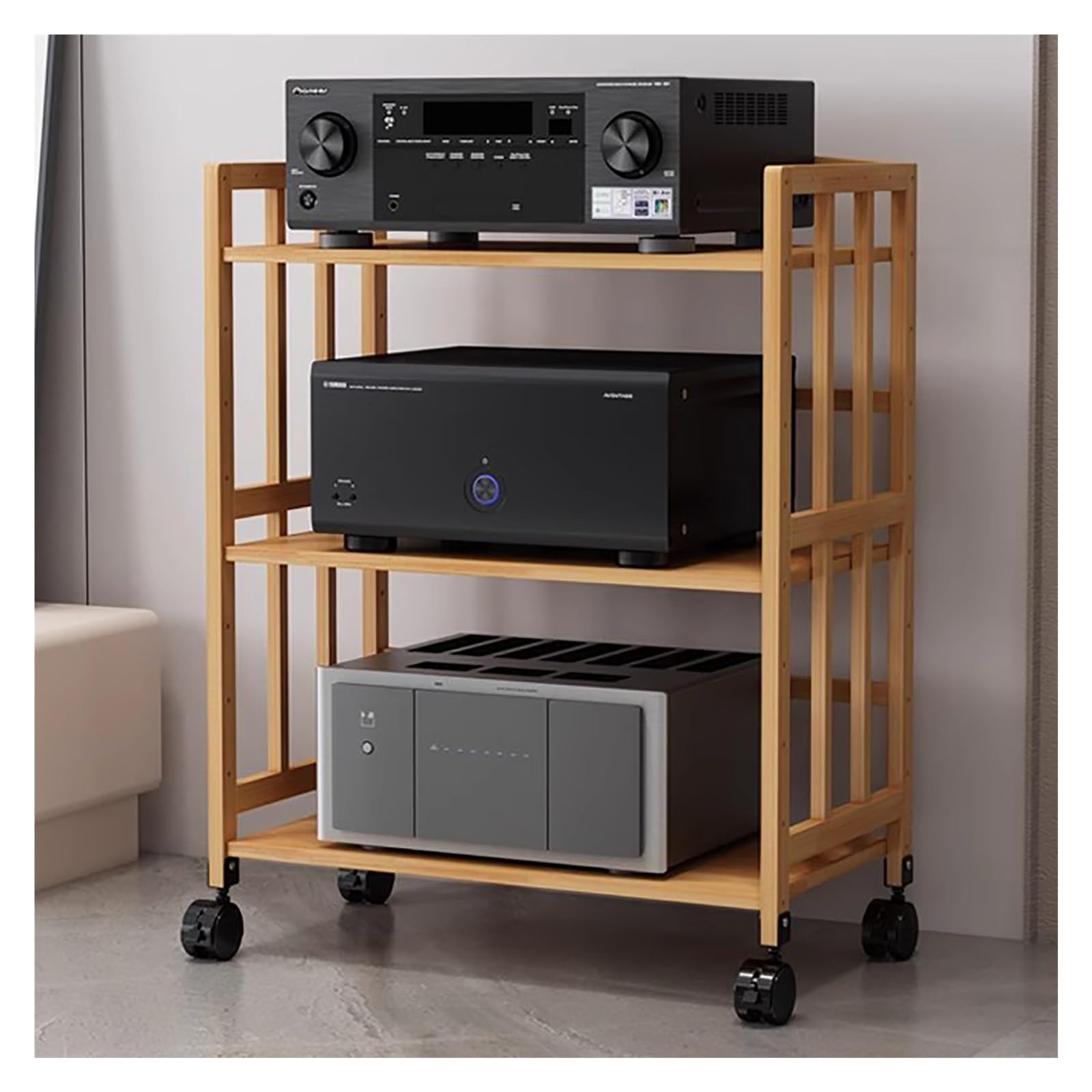 Armadio stereo a 2 3 4 5 ripiani con ripiano regolabile in altezza e ruote, in bambù resistente, supporto multimediale Av per intrattenimento componenti stereo, 3 ripiani, 88 cm W-55