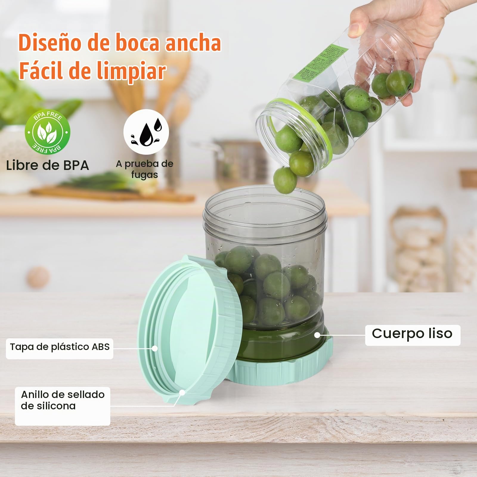 VINATO Bote para Aceitunas con Escurridor Capovolteable | Recipiente Encurtidos Hermético, Almacenaje Cocina | 1.5L (Aceitunas, Jalapeños)