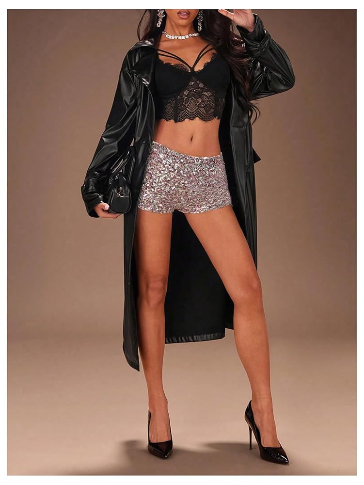 SHENHE Women's Sparkly Sequin Shorts Sexy Low Rise Y2k