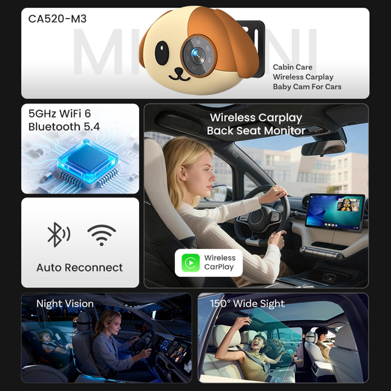 Telecamera per Bambini in Auto con Visione Notturna 1080P Video Plug and | Telecamera Auto Senza Fili Mamma Papà Viaggi Gite in Auto Guida Lunghe Distanze Campeggio Shopping Picni