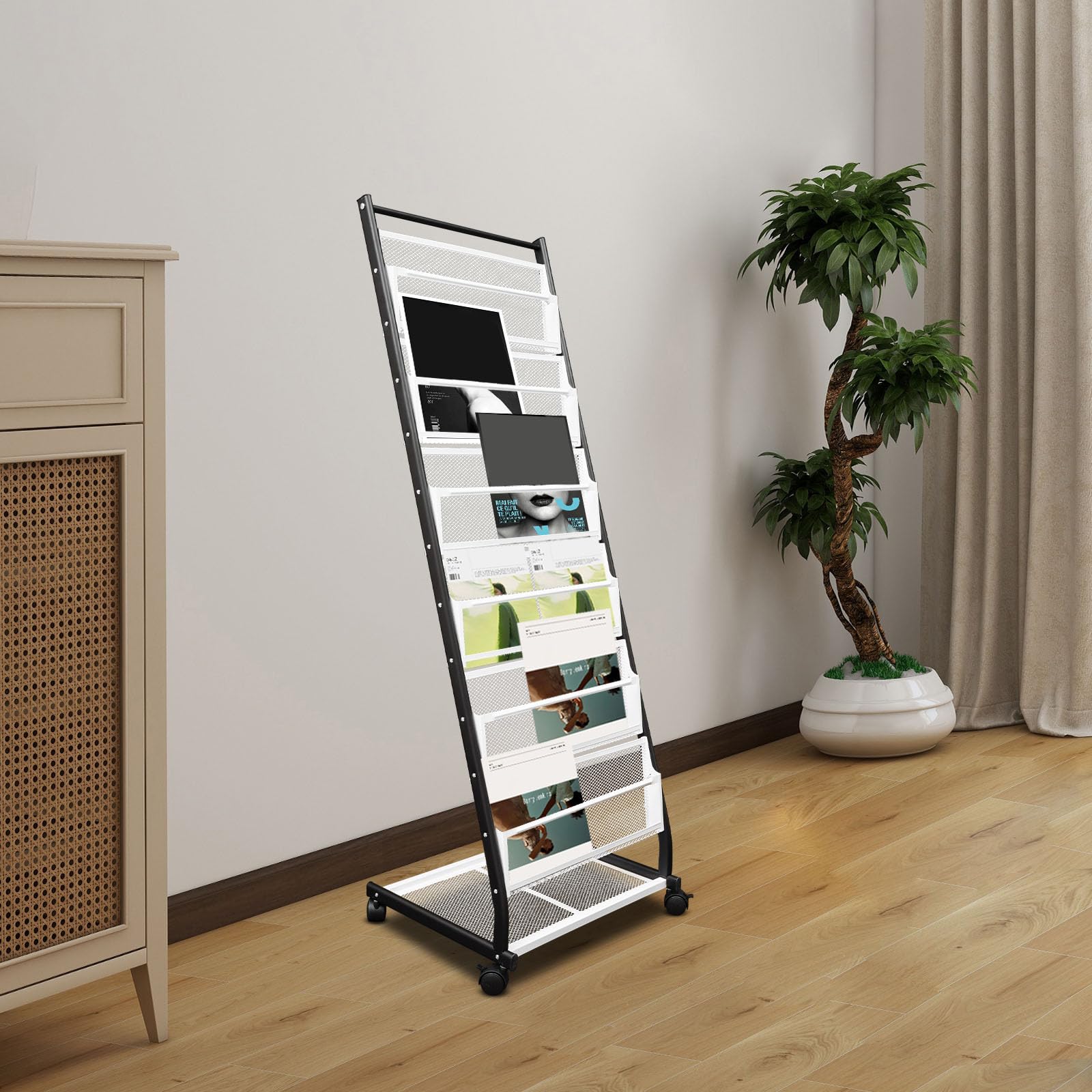 Supporto da pavimento a 6 livelli, 47,5 x 38 x 132 cm, portariviste con ruote, formato A4, in ferro, per caffetterie, ristoranti, uffici
