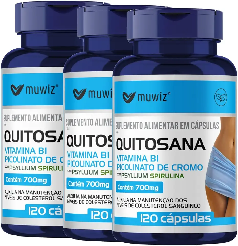 Quitosana Spirulina Psyllium e Picolinato de Cromo 120 Cápsulas - 3 Frascos