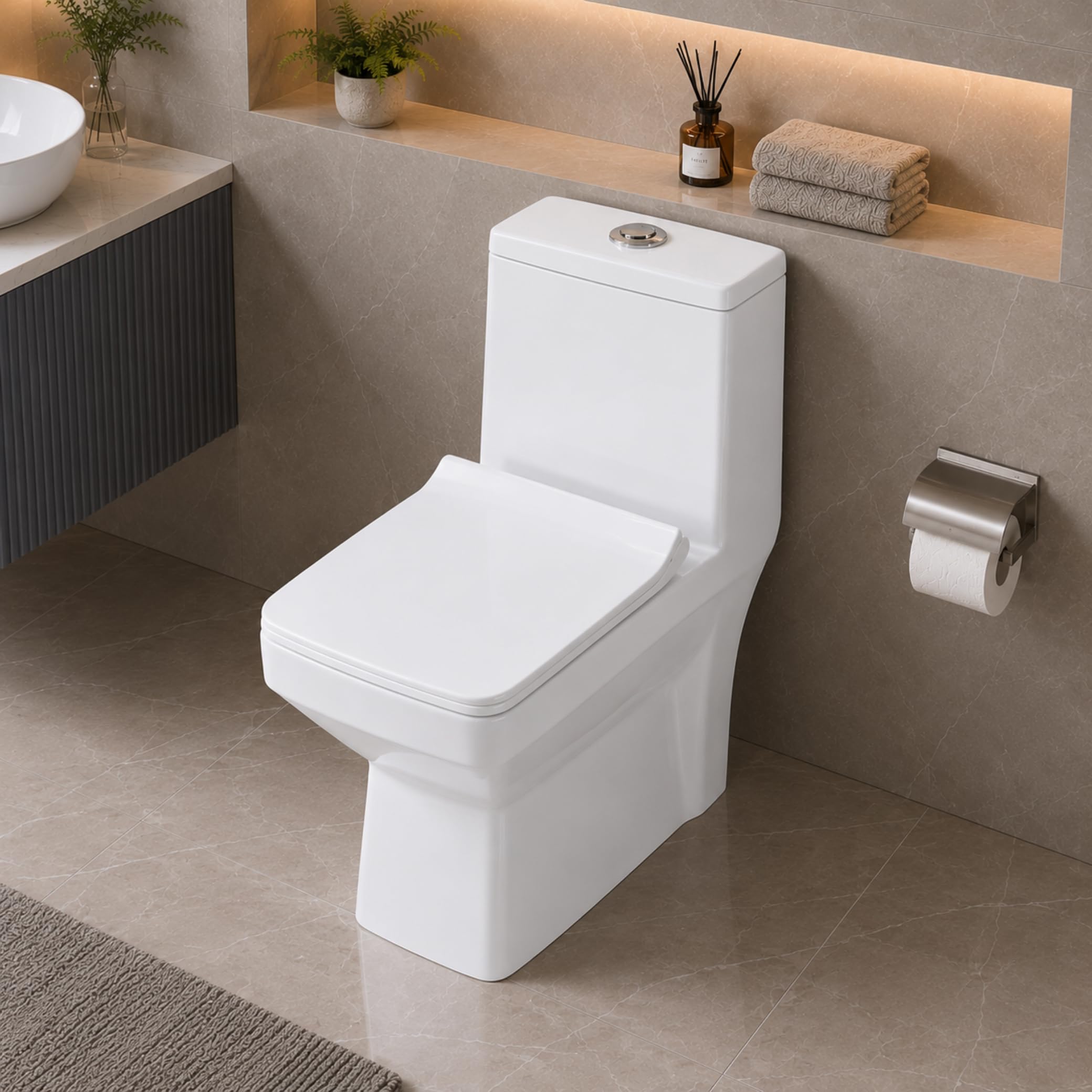 Hisre Premium Western Floor Mounted One Piece Water Closet Ceramic Western Toilet/Commode/European Commode Square With Soft Close Seat Cover For Lavatory, Toilets (EXPLORE), photo 4 of 5