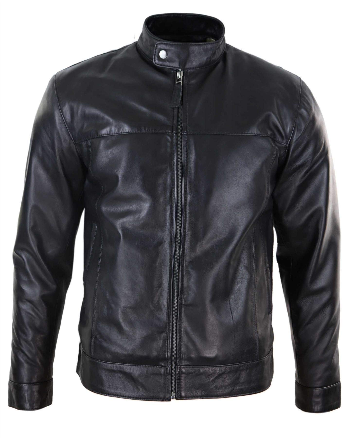 Infinity Leather Men's Black Leather Company Classic Zip Leather Jacket Nehru Grandad Collar Biker Style - 2XL