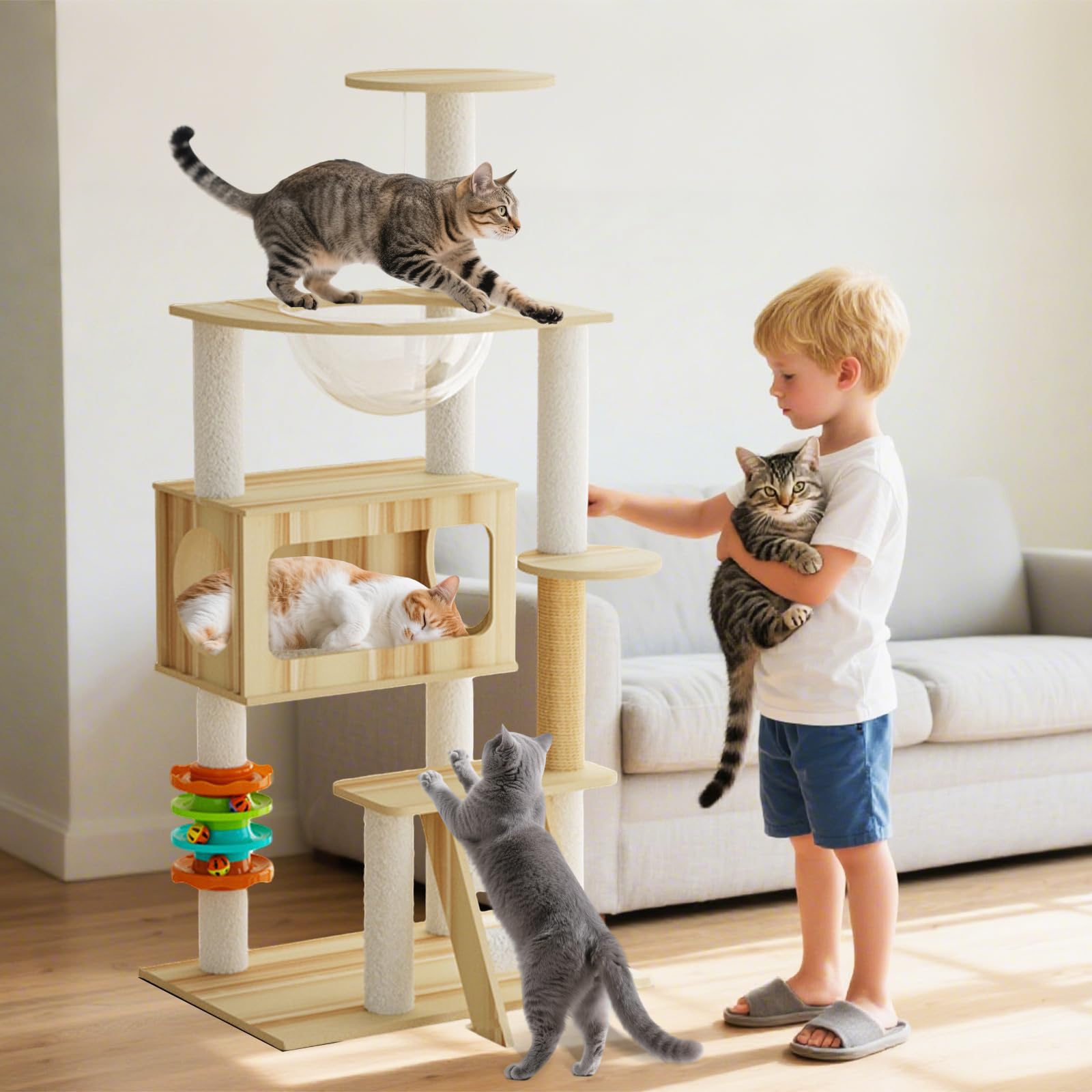 PETCUTE Torre per Gatti in Legno,Grande,Più Gatti,119cm Tiragraffi per Gatti Stabile con Capsula Spaziale Trasparente,Piattaforma di Osservazione, Parco Giochi,Scala,Grotta,Facile da Pulire