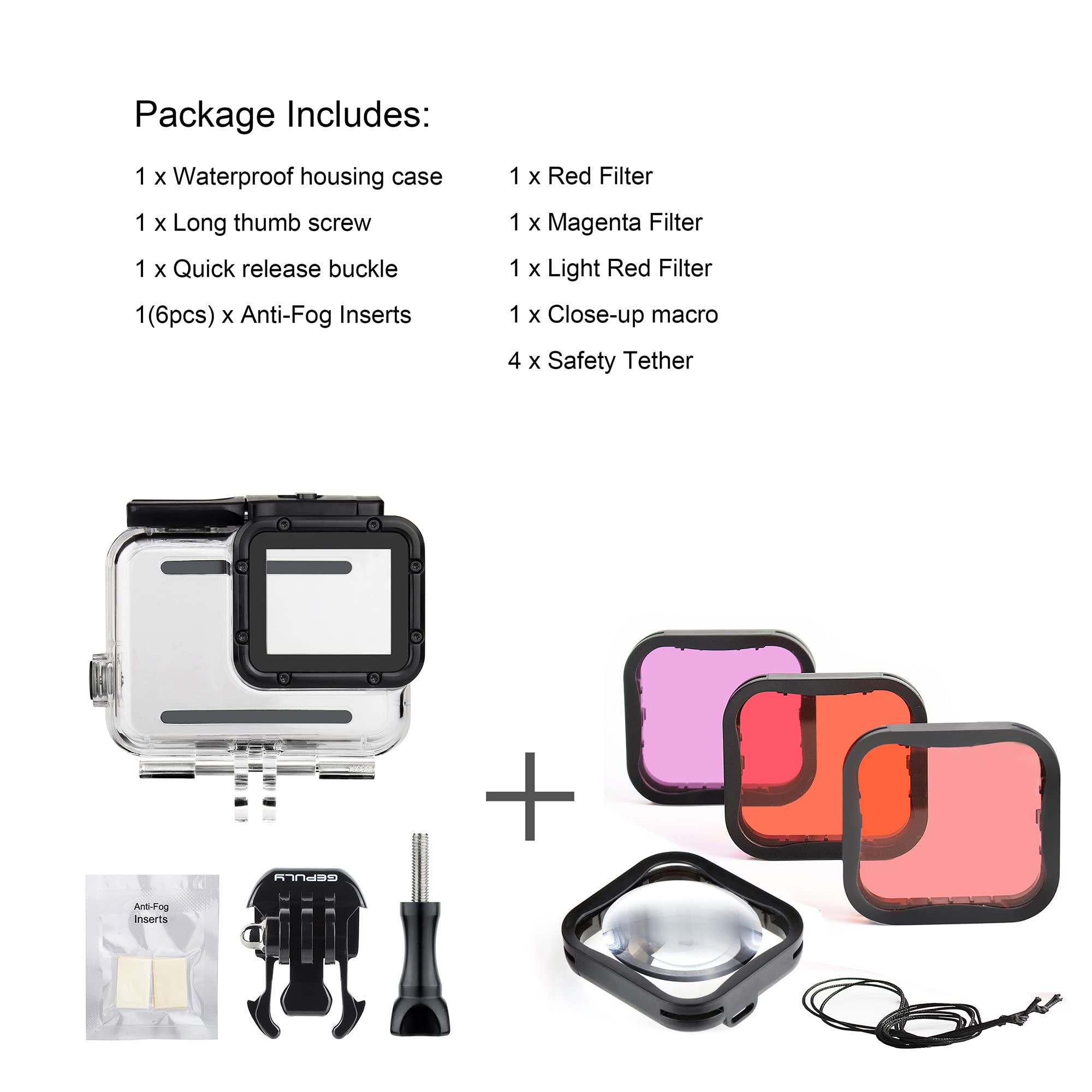GEPULY Custodia impermeabile con filtri subacquei per fotocamere GoPro Hero 5, 6, 7, Black Hero (2018), 45 m, con filtri per close-up rosso/snorkel/magenta/5X HD