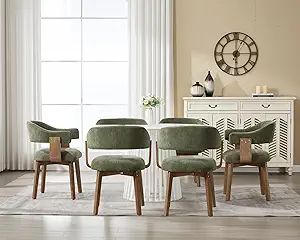 Green Upholstered Dining Chairs Set of 6, Mid Century Modern Dining Room Chairs with Wooden Legs and Armrest, Chenille Fabric Barrel Kitchen Chairs for Kitchen/Living Room