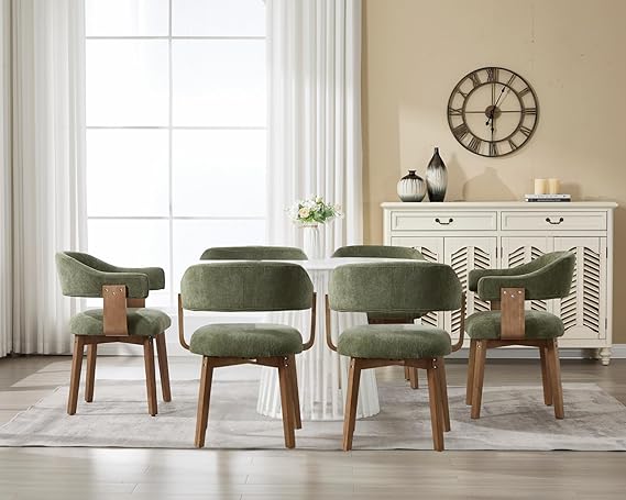 Green Upholstered Dining Chairs Set of 6, Mid Century Modern Dining Room Chairs with Wooden Legs and Armrest, Chenille Fabric Barrel Kitchen Chairs for Kitchen/Living Room