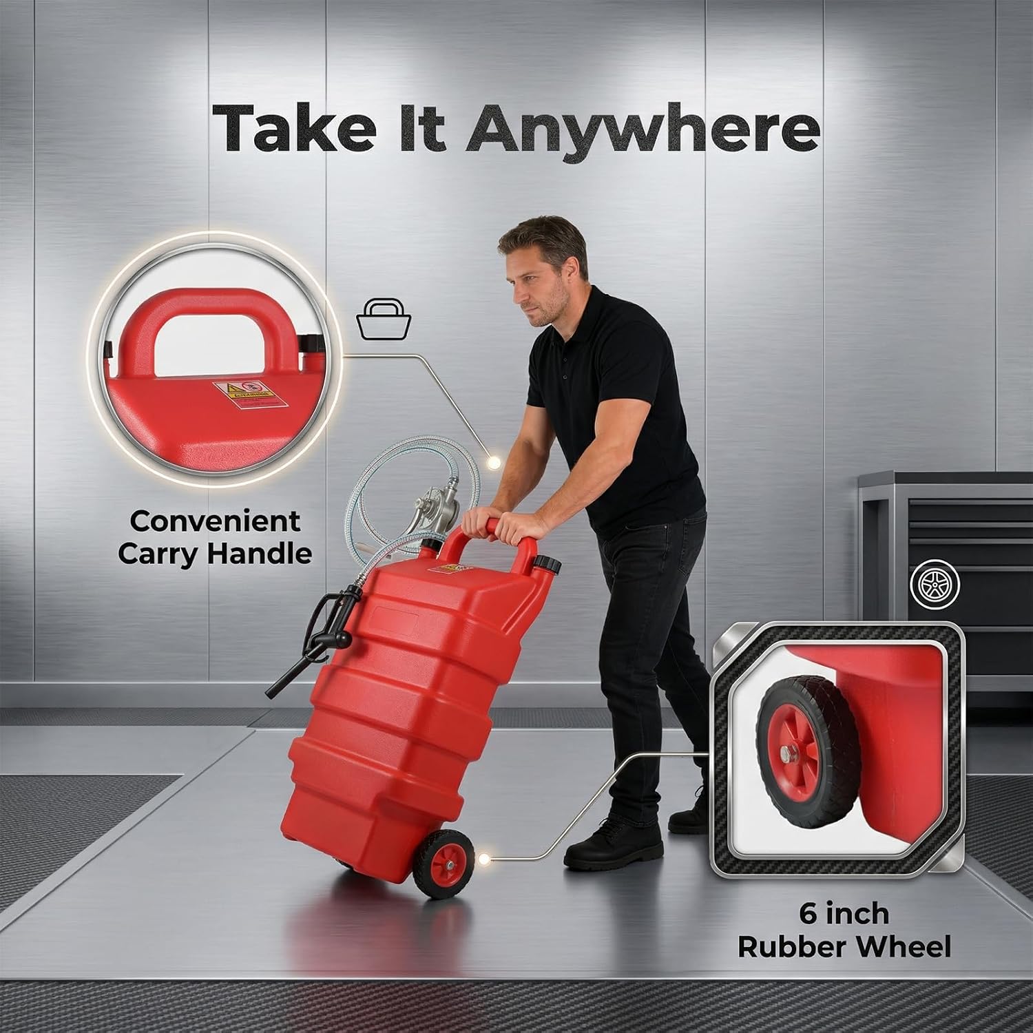16 Gallon Portable Fuel Caddy with Manual Pump,Fuel Transfer Tank—Compatible with Gasoline, Diesel and Kerosene, Storage Tank for Car,Tractor,ATV,Boat,Lawn Mower