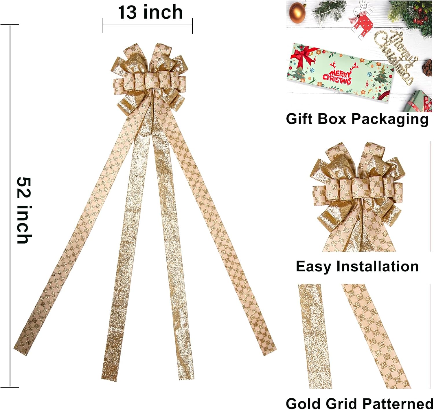 Christmas Tree Topper Christmas Wreath Bow, 52 * 13 inches Large Tree Toppers Bow with Glitter Streamer and Patterned Ribbon for Xmas Tree Décor Christmas Home Indoor Outdoor Decoration Gold - Image 2