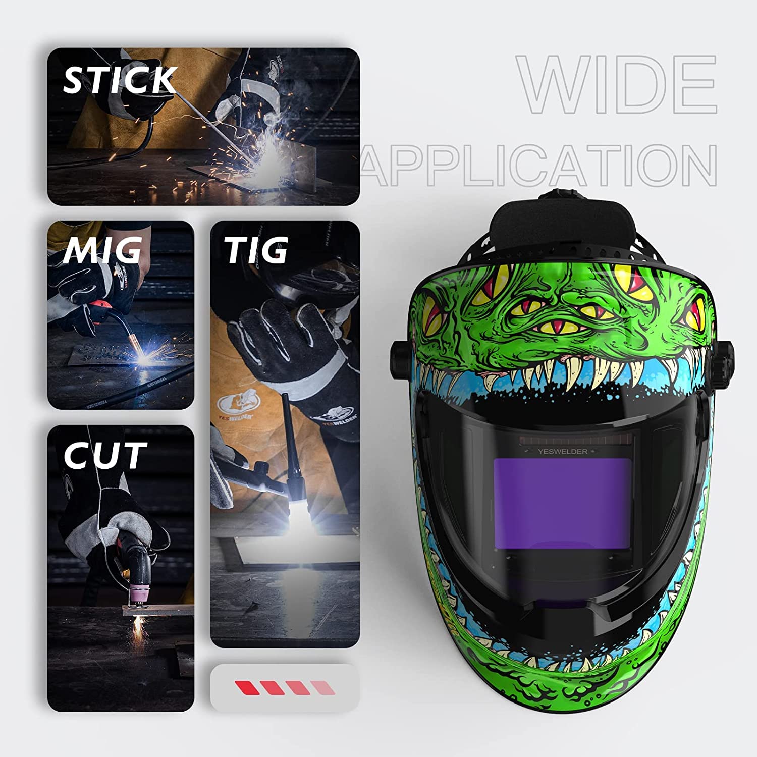 YESWELDER 1/1/1/1 Maschera Saldatura Autoscurante Grande Vista 10x8,2cm Casco Saldatura in vero colore con VISTA LATERALE,4 Sensori,Ultra chiarezza ottica ampia ombra 4/5-9/9-13 per TIG MIG ARC CUT