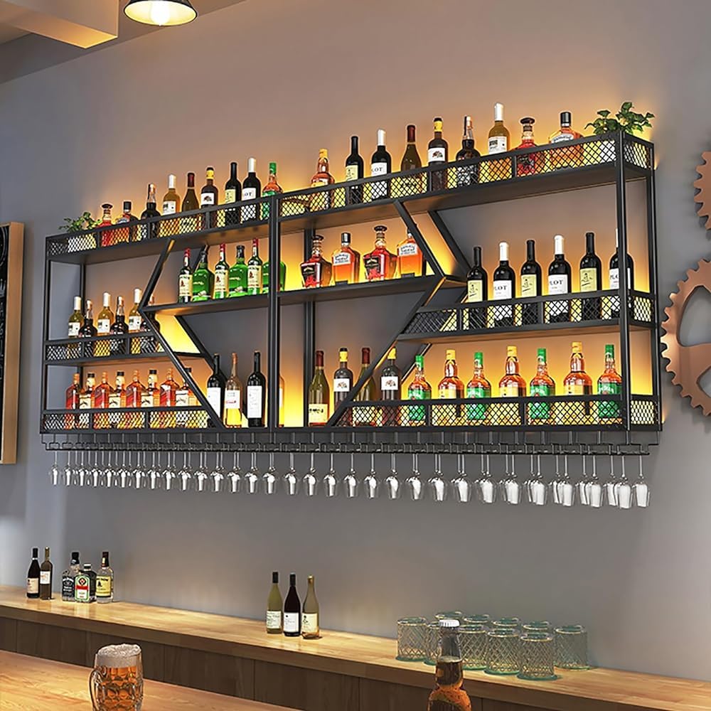 Botellero Grande de 3 Niveles para Montar en la Pared con Luces LED, Barra Industrial de Metal, estantes flotantes, Soportes para Copas, Expositor para Botellas de Vino, Ideal para el hogar,