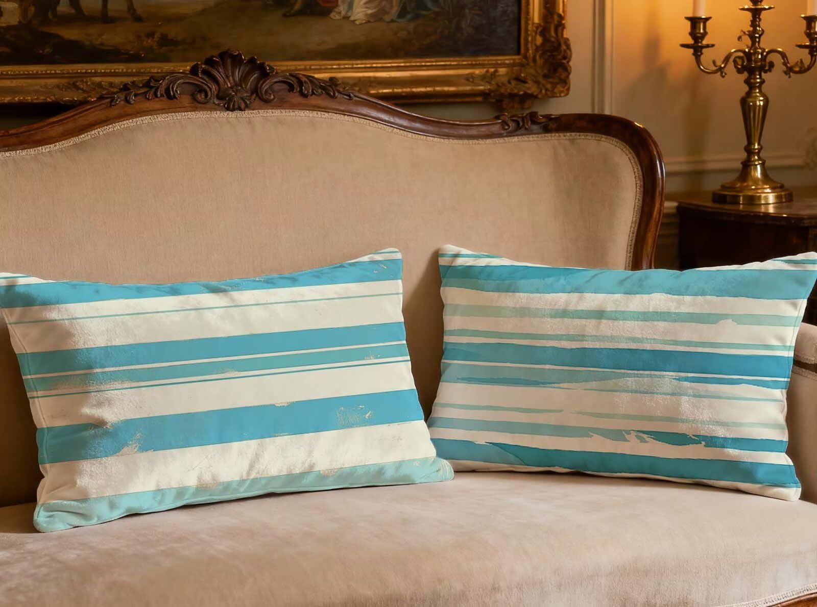 Fundas Cojines 40x60cm Terciopelo Impresión Doble Cara Raya Azul Sofá y Silla O-182P
