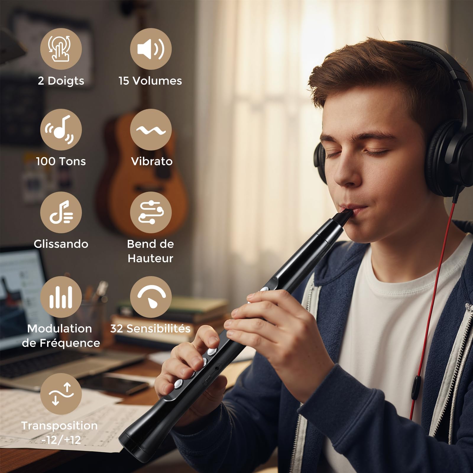GOPLUS Saxophone Électronique avec Écran LED, Instrument à Vent Numérique avec MIDI, 100 Sons, 2 Doigtés, 32 Niveaux Sensibilité, 12 Fonctions Transposition, Haut-Parleur & Écouteurs