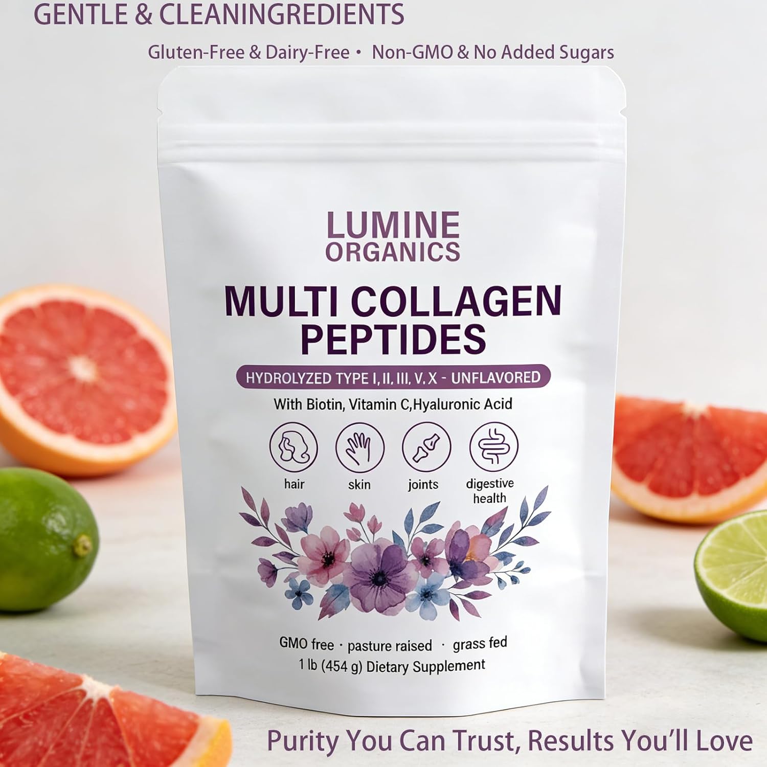 1PCSLumine Organics Collagen, Multi Collagen Peptides Powder,Type I,II,III,V,X with Biotin,Hyaluronic Acid Powder,Vitamin C,Unflavored for Women & Men,Non-GMO,16oz (1PCS)