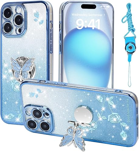 Miniatura 8 de Funda protectora para Apple iPhone 14 (6.1 pulgadas), para mujeres y niñas, funda protectora de TPU con diseño floral de mariposa con purpurina y
