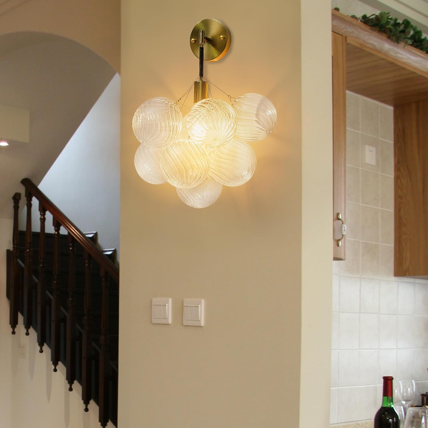 Blown Glass Bubble Wall Sconces, Clear Glass Balls Shade Wall Sconce, Wall Mounted Light Fixture for Living Room, Dining Room, Corridor, Bedroom (Gold Black)