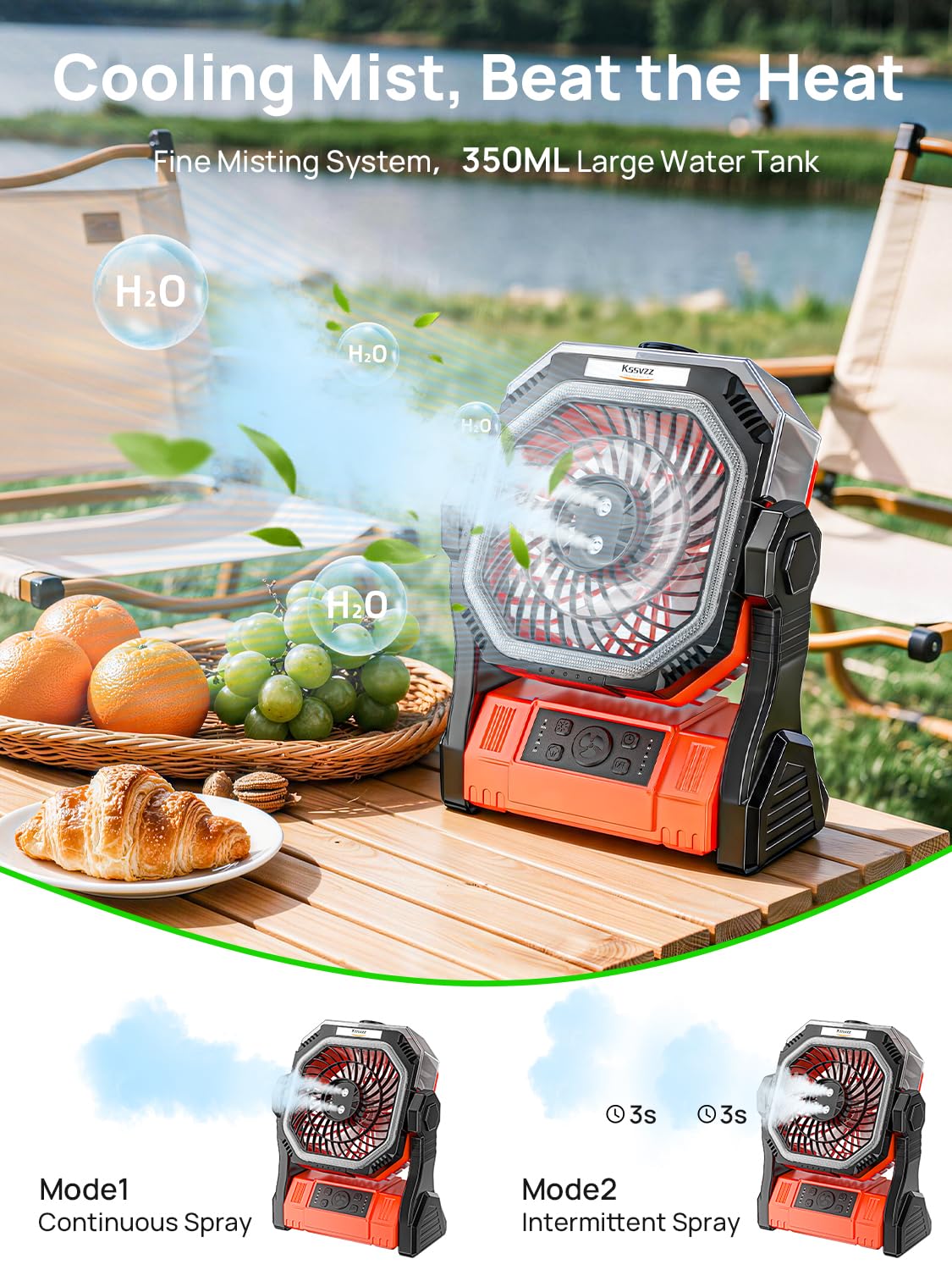 Kssvzz Ventilatore da campeggio con Nebulizzatore e Timer, 20000 mAh Ventilatore Ricaricabile con 4 velocità, USB Ventilatore da Tavolo con luce LED, Alimentato a batteria per Viaggi, Picnic, Pesca