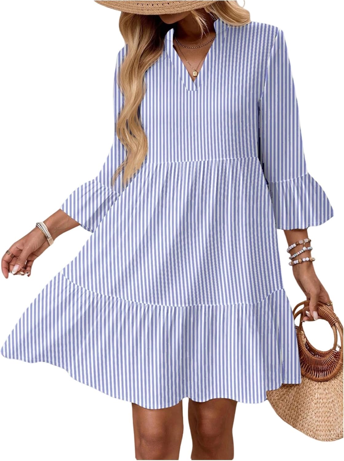 Floerns Women's Floral Tunic Dress 3/4 Ruffle Sleeve Notched Neck Vacation Smocked Boho Dresses