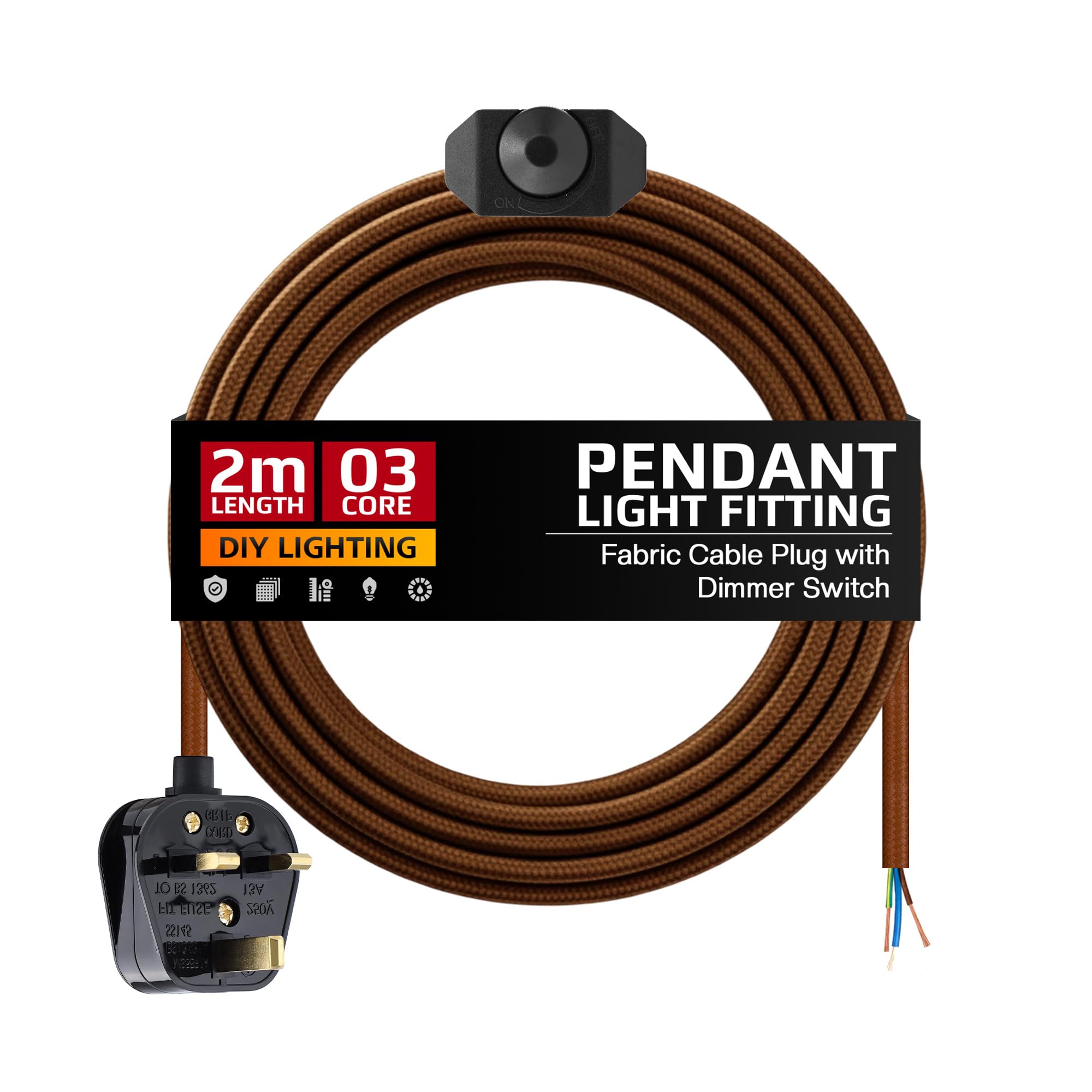 2m Plug in Pendant Light with inline Dimmer Switch and UK Plug