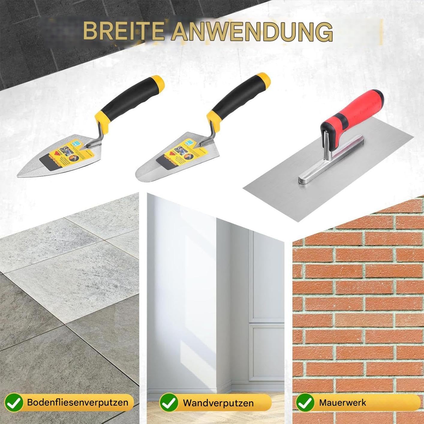 Lot de 3 truelles de maçonnerie - Outils ergonomiques en acier durable - Réparation de construction - Plâtre brique - Mortier - Remplissage de carrelage - Lissage de bâtiments - Paysage - Équipement