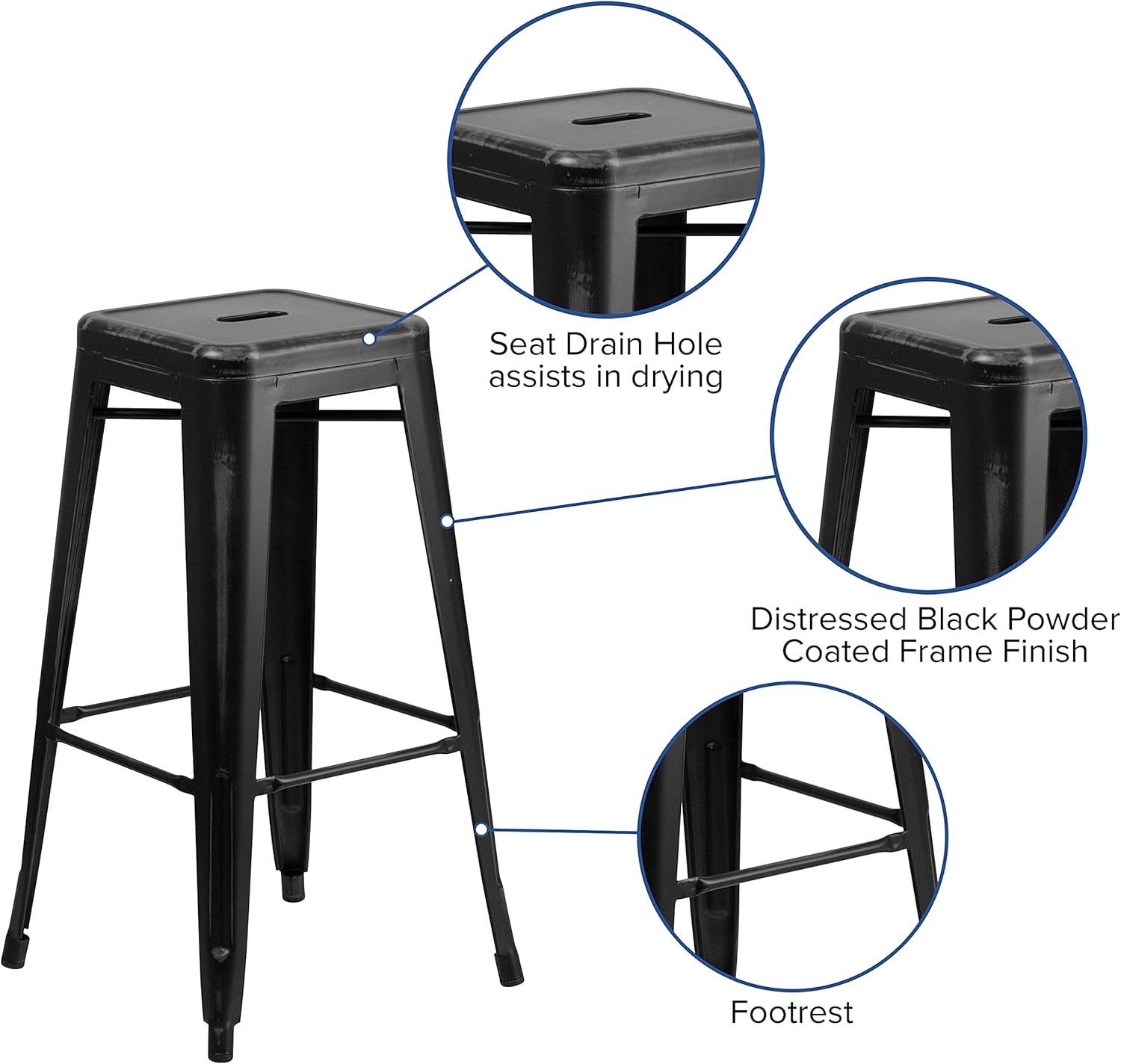 EMMA + OLIVER Commercial Grade 30" H Backless Distressed Black Metal Indoor-Outdoor Barstool