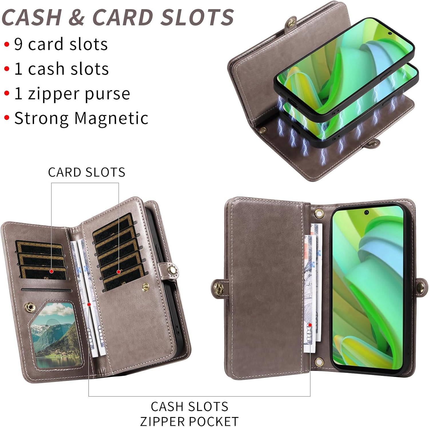 Asuwish Phone Case for Motorola Moto G Power 5G 2023 Zipper Wallet Magnetic Detachable Cell Cover with Tempered Glass Screen Protector Crossbody Strap Mandala Flower Card Holder GPower G5 Women Gray