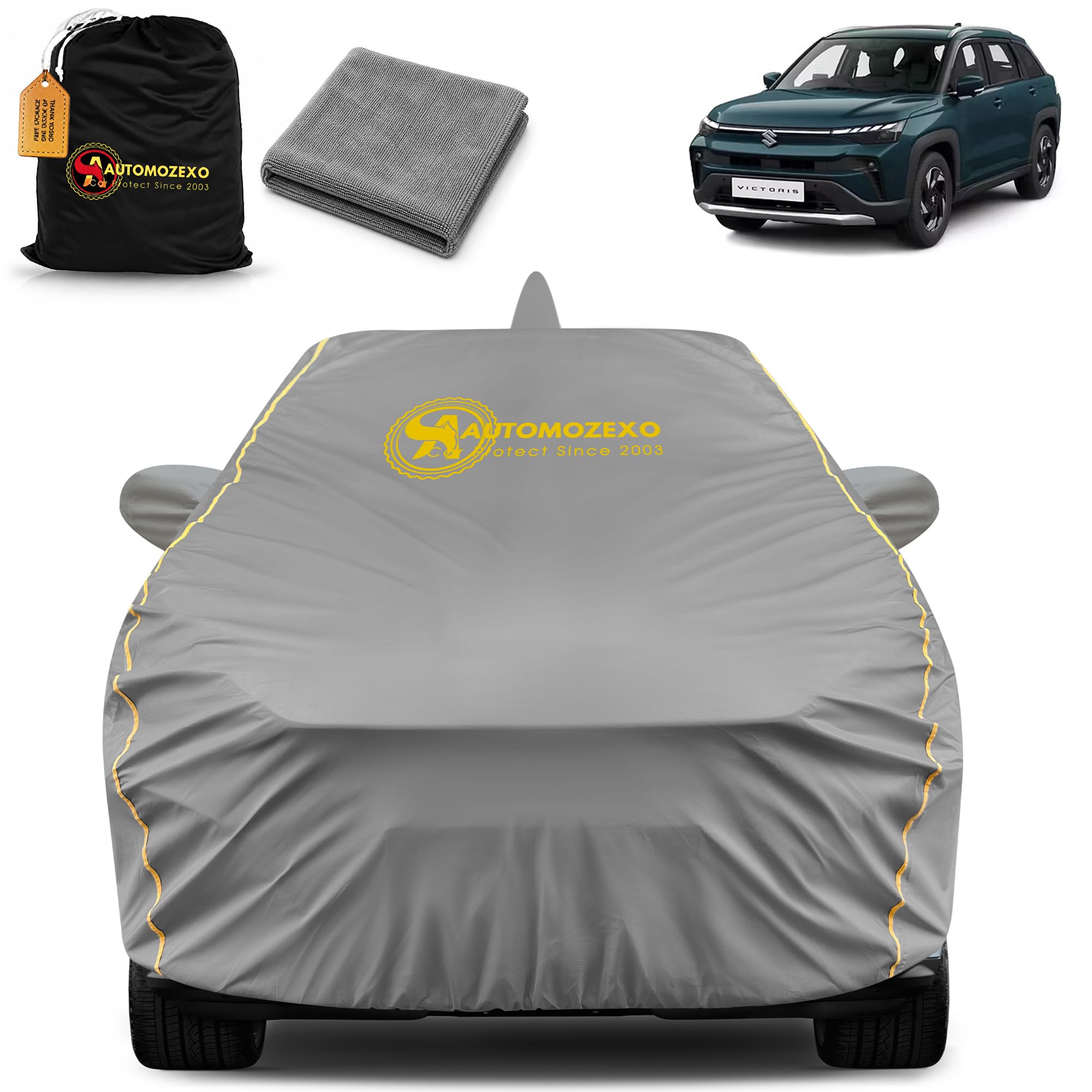 AUTOMOZEXO Maruti Victoris 100% Waterproof Car Cover for All Weather Protection with Mirror & Antena Pocket Inner Cotton Triple Stitched Cover with Adjustable Belt Bottom Elastic to Secure Fit -Grey-picture-14