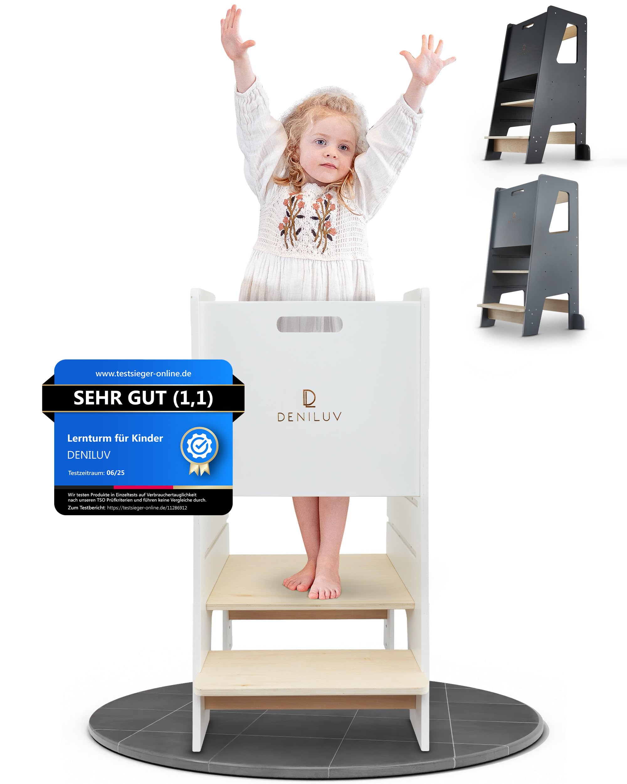 DENILUV Kinder Lernturm Höhenverstellbar Ab 1 Jahr Mit Abnehmbarer Front Tritthocker für Küche Bad Leiterstuhl Weiß Schwarz Grau Jetzt Farbe Wählen