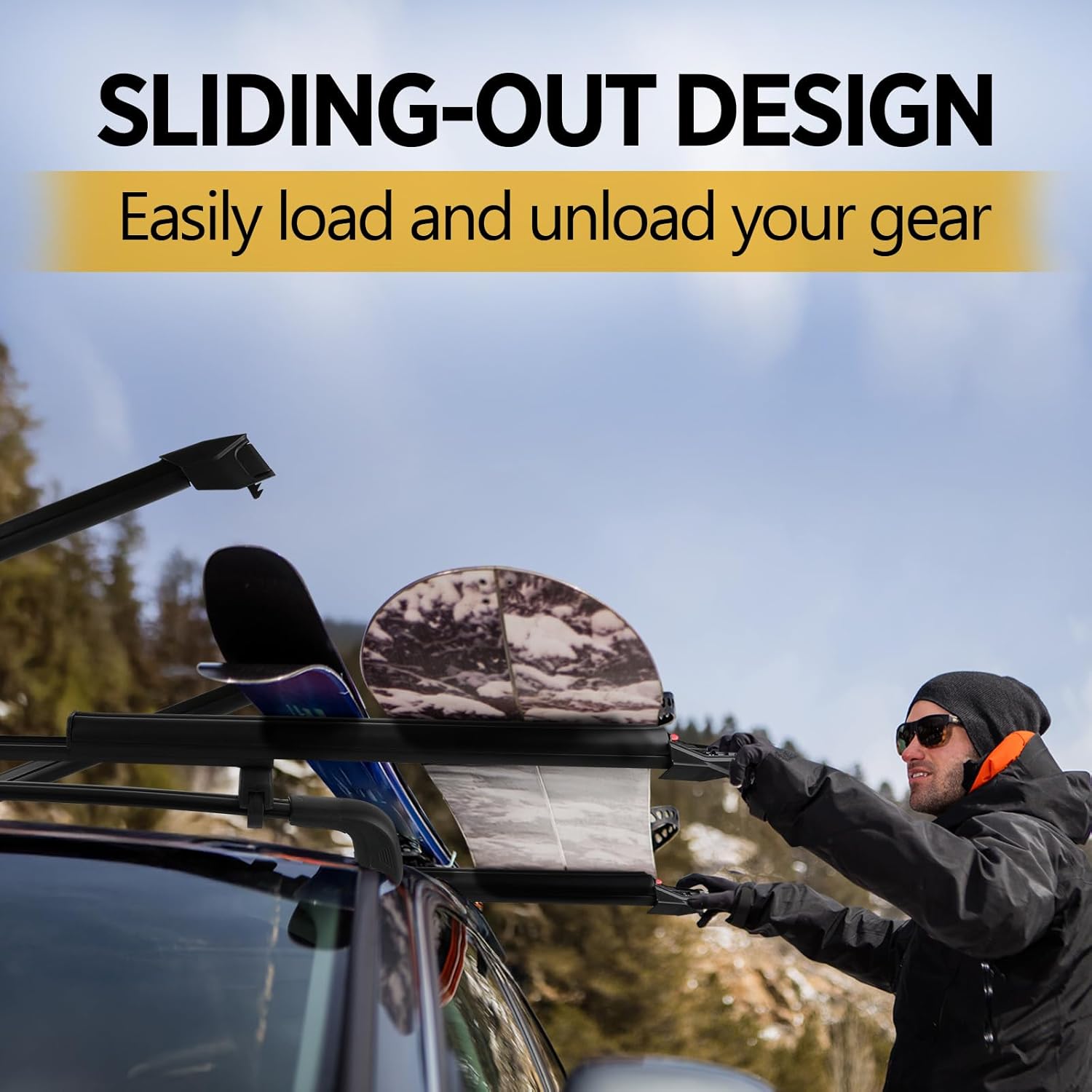 Ski Rack for Car Roof, Ski Rack Carrier with Sliding Design, Ski & Snowboard Roof Rack with Anti-Theft Lock, Holds 6 Skis or 4 Snowboards, Aluminum Ski Roof Rack, Fits Most Crossbars