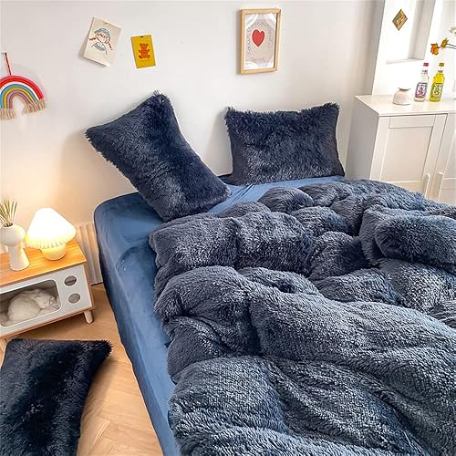 Miniatura 5 de chovy - Juego de edredón afelpado de pelo sintético azul marino, tamaño king, terciopelo, franela, mullido, ultrasuave, ropa de cama de 3 piezas (1