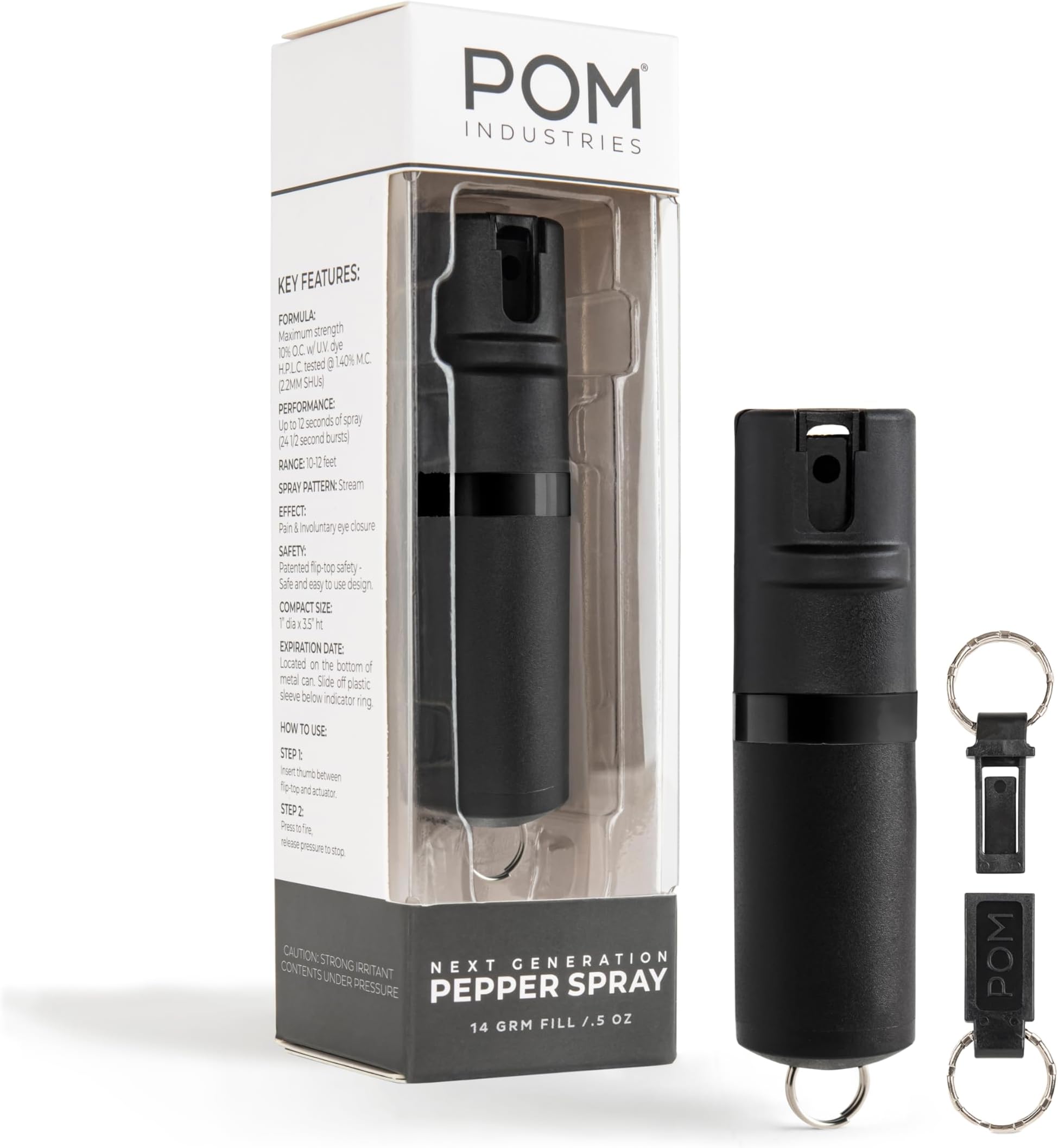 POM Premium Pepper Spray Keychain, Quick Release Access Flip Top Safety, Police Grade OC Formula with UV Marking Dye, 25 Precision Bursts, 10 Foot Effective Range, Made in USA