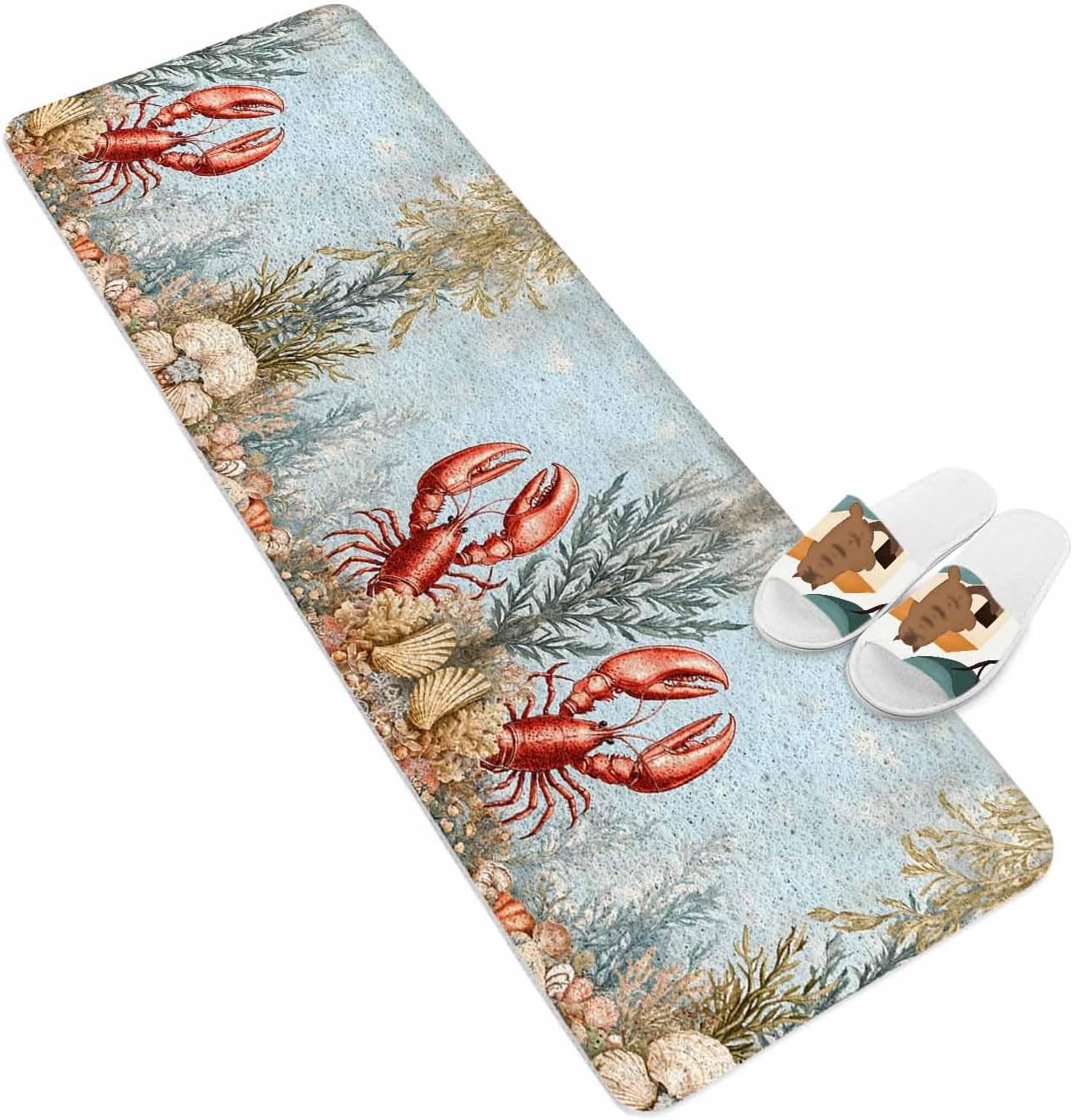 Marine Life Non-Slip Bathtub Mat, Red Lobster Shell Coral PVC Bath Mat for Tub Quick Drying Shower Mats for Inside Shower, Foot Scrubber Loofah Bathroom Mats 36x16 Inches