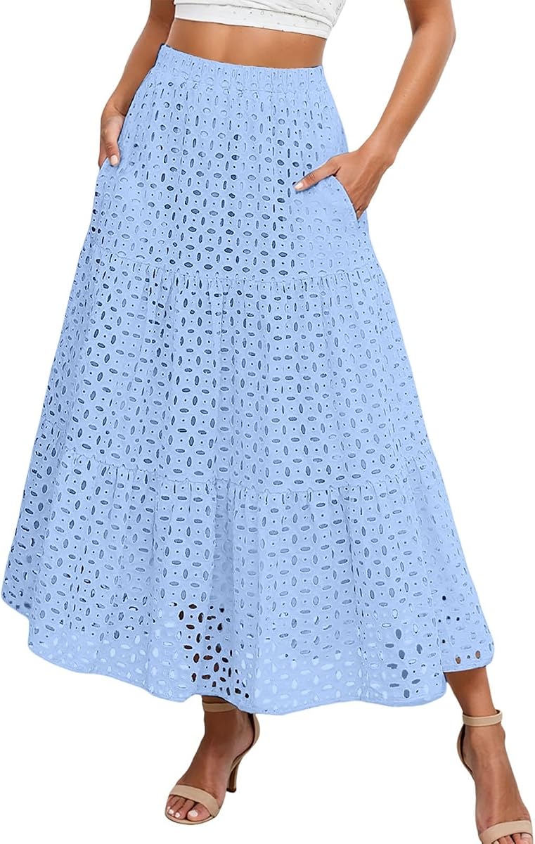 Summer Long Skirts for Women Boho Tiered Eyelet Elastic Waist A Line Flowy Maxi Skirt with Pockets Trendy Travel Beach Outfit